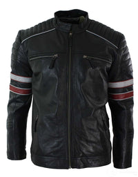 Real Leather Black Racing Mens Biker Jacket Red White Stripes Casual Fit