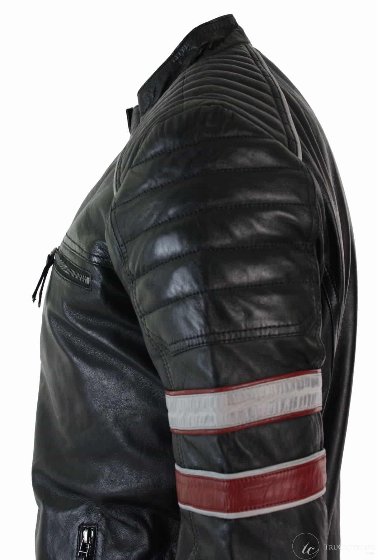 Real Leather Black Racing Mens Biker Jacket Red White Stripes Casual Fit