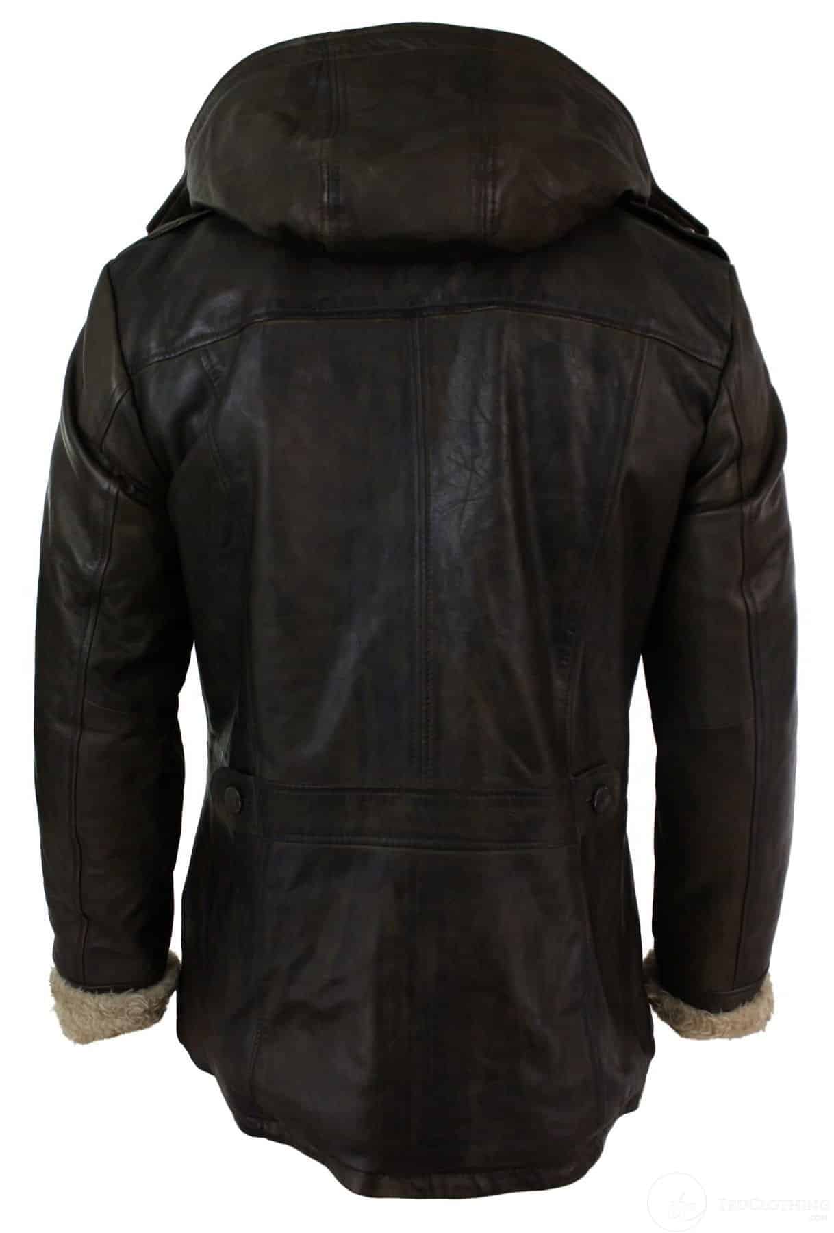 Mens Real Leather Hood Duffle Safari Jacket Long 3/4 Fur Washed Timber Brown Tan-Brown