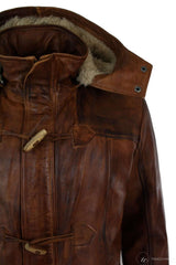 Mens Real Leather Hood Duffle Safari Jacket Long 3/4 Fur Washed Timber Brown Tan-Nevada Timber