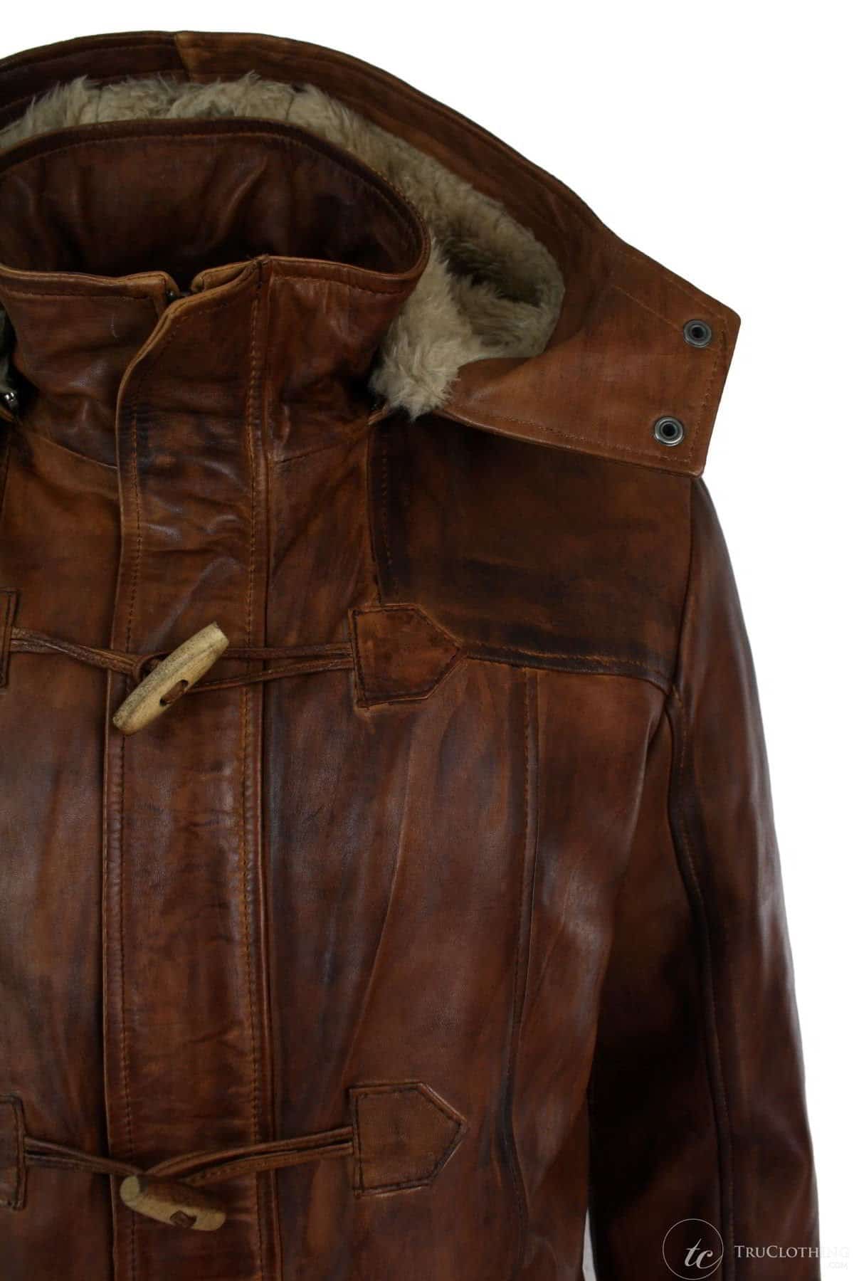 Mens Real Leather Hood Duffle Safari Jacket Long 3/4 Fur Washed Timber Brown Tan-Nevada Timber