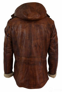 Mens Real Leather Hood Duffle Safari Jacket Long 3/4 Fur Washed Timber Brown Tan-Nevada Timber