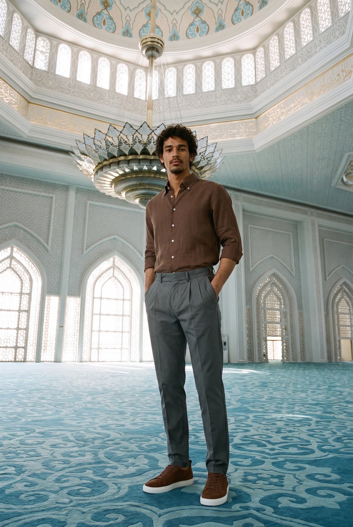 Look #1021 styled with Camicia da uomo in puro lino marrone scuro, a maniche lunghe, con bottoni, ideale per l'estate.