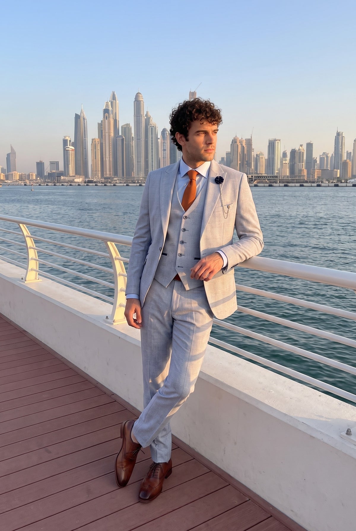 Look #1008 styled with Abito da uomo a 3 pezzi a quadri in tweed azzurro chiaro, vestibilità su misura, stile classico Peaky
