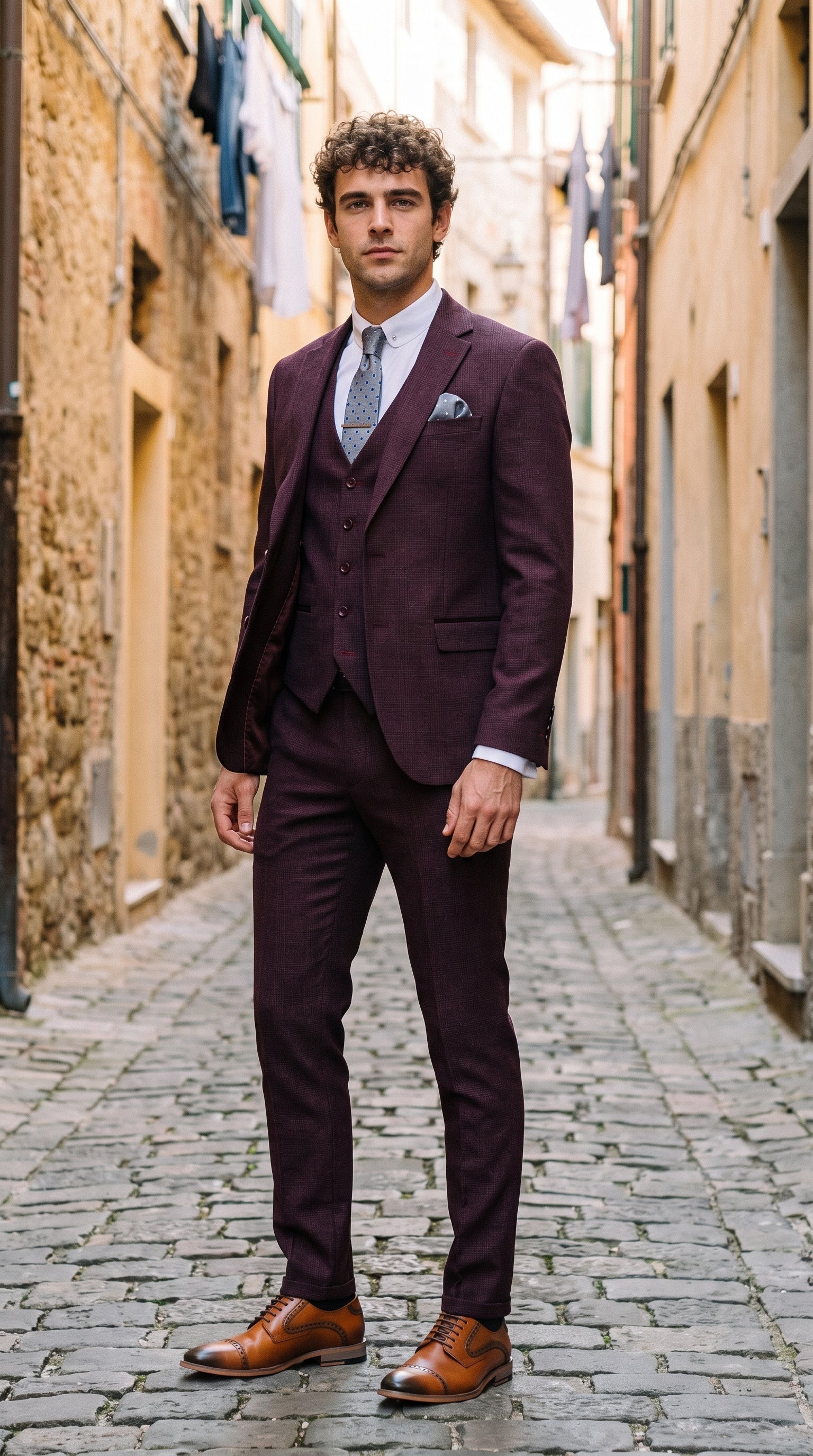 Look #310 styled with Regent - Abito da uomo a 3 pezzi in stile Principe di Galles color vino