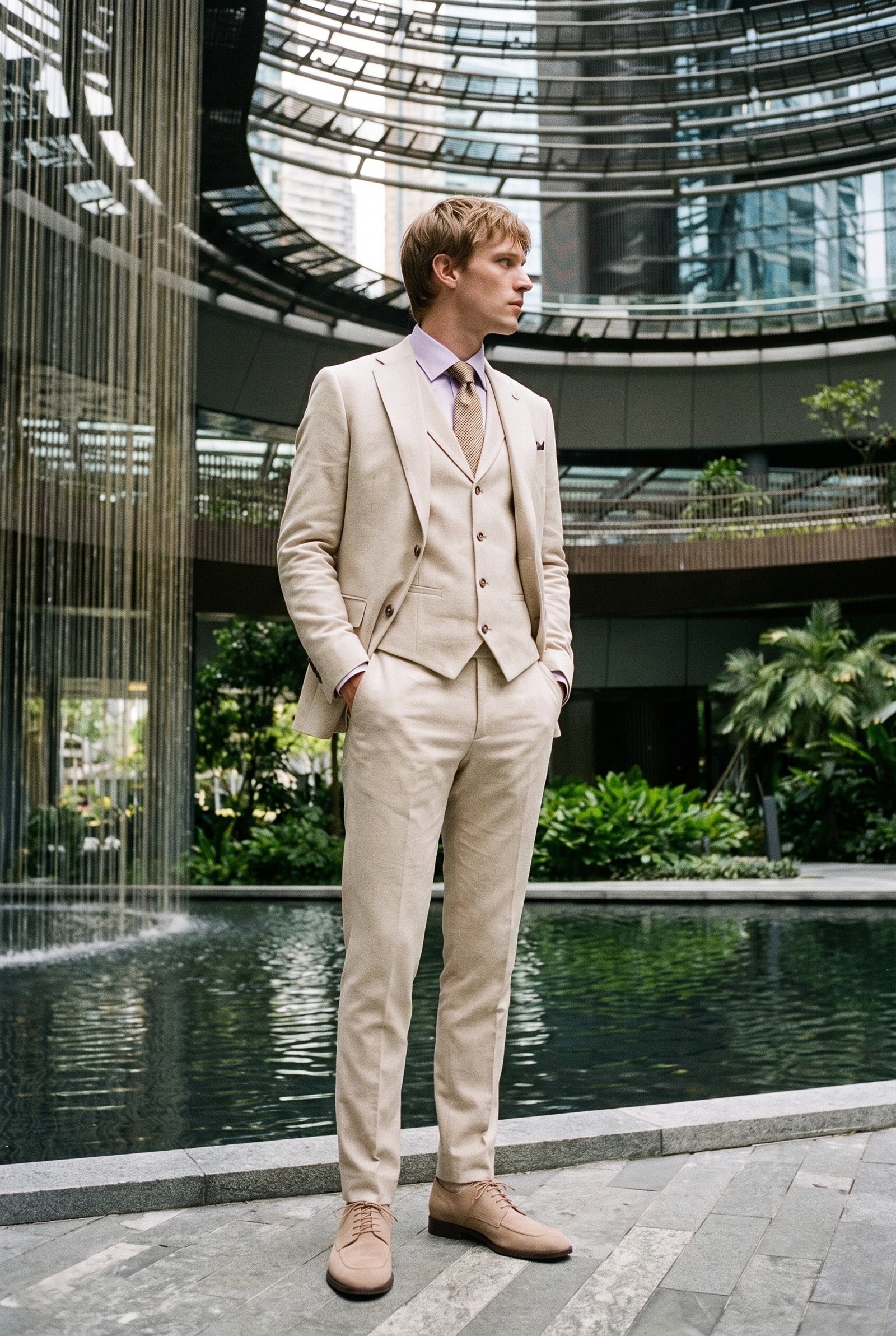 Look #948 styled with Abito da uomo estivo in lino beige TP-21, 3 pezzi