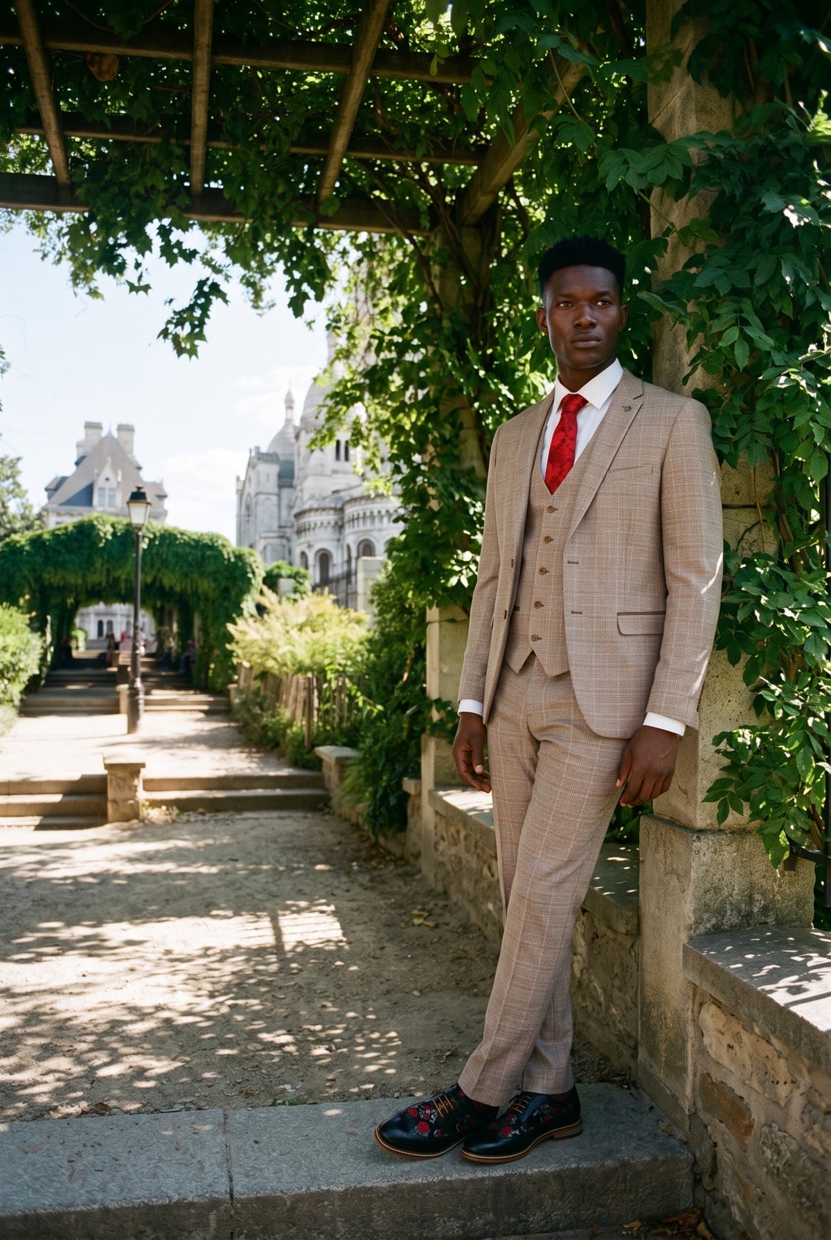 Look #215 styled with Paul Andrew Holland - Abito da uomo a 3 pezzi in tweed a quadri beige marrone, stile vintage retrò, per matrimonio e ballo di fine anno