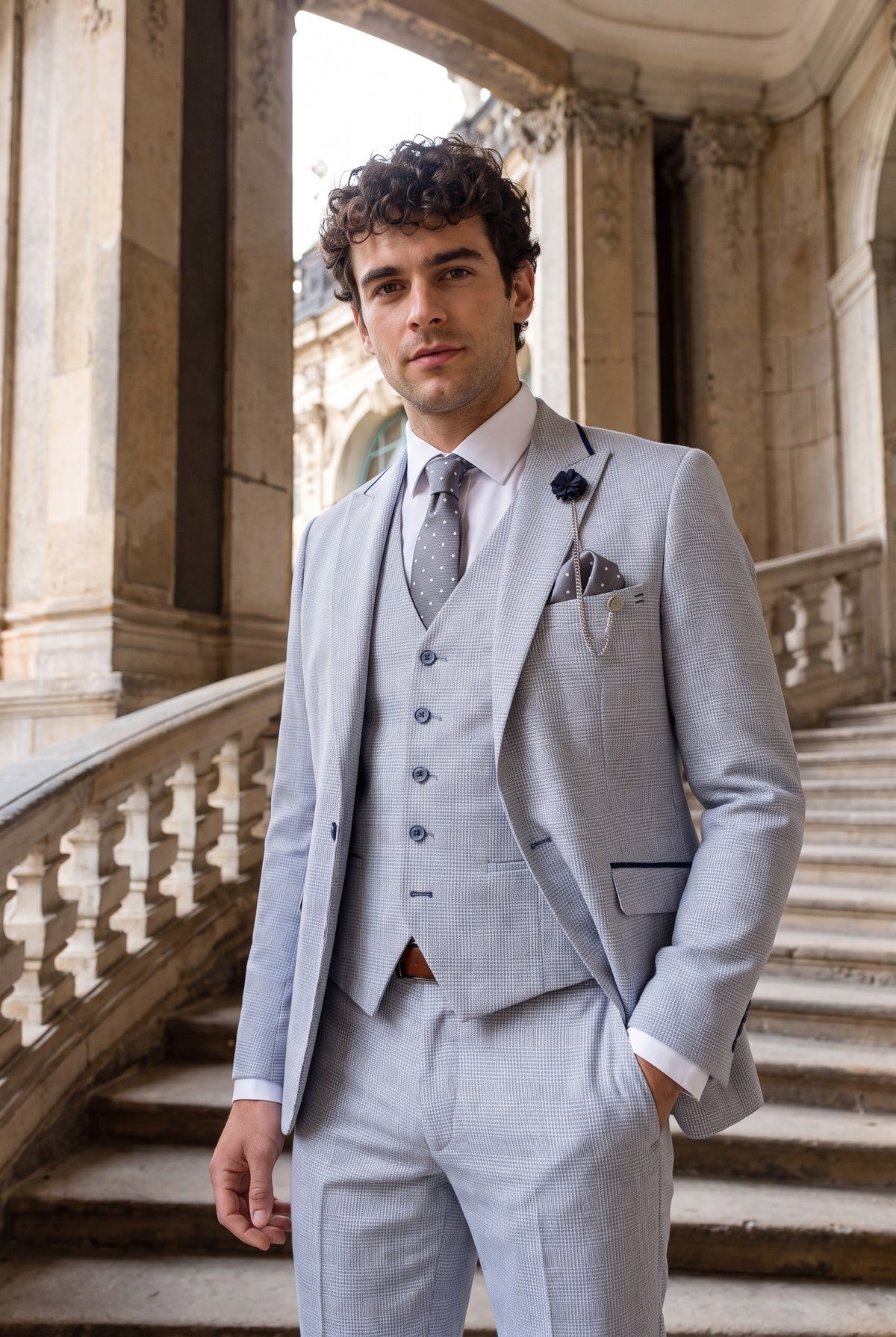 Look #950 styled with Abito da uomo a 3 pezzi a quadri in tweed azzurro chiaro, vestibilità su misura, stile classico Peaky