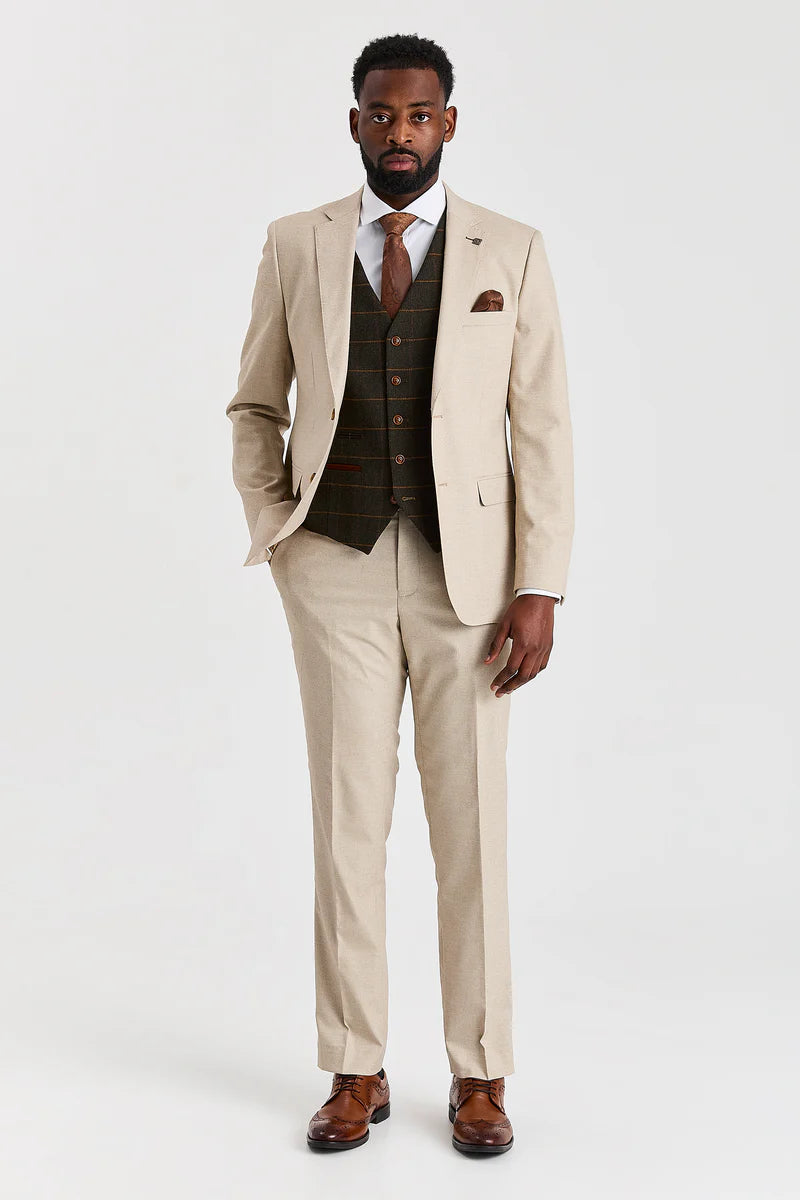 Abito beige Belmont con gilet in tweed verde Harris