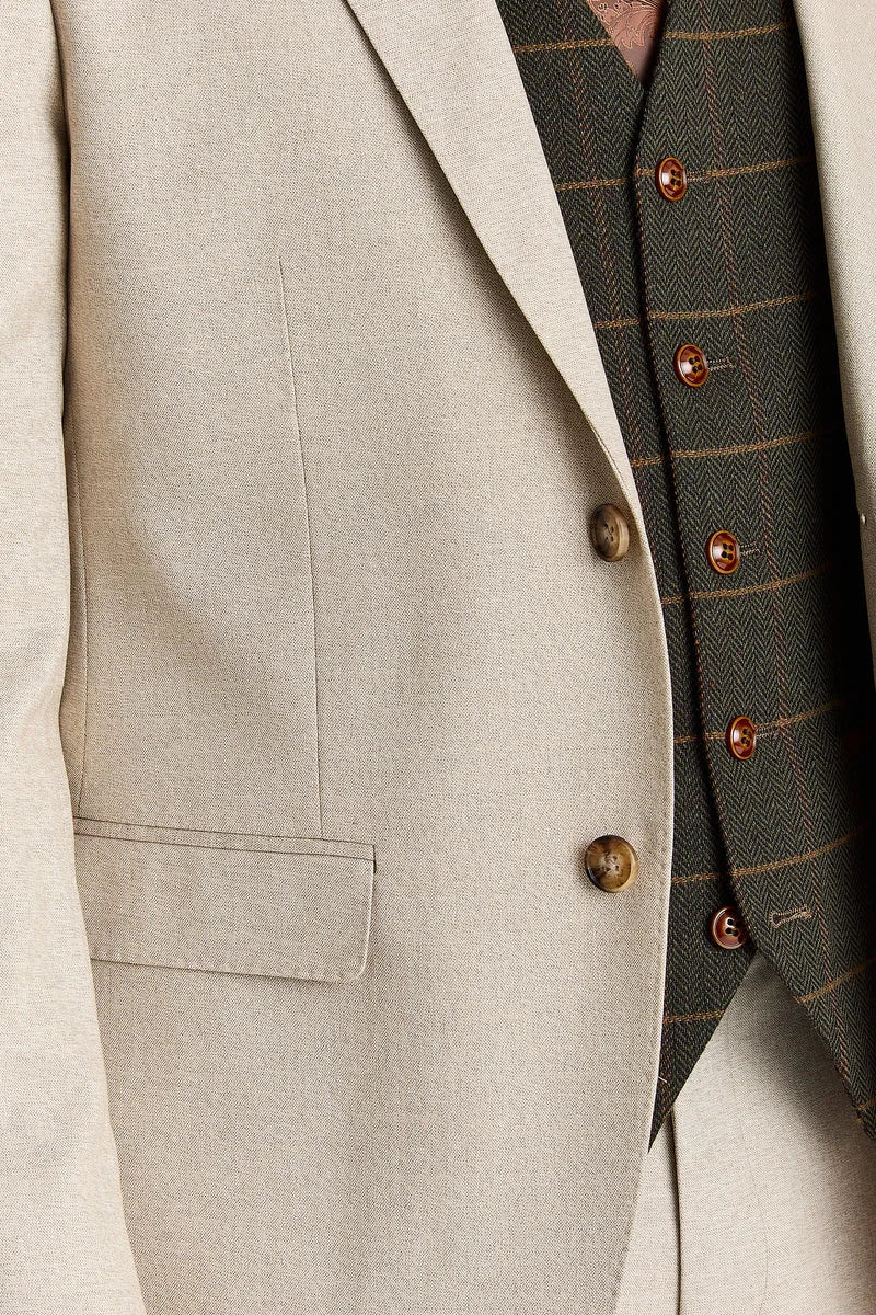 Abito beige Belmont con gilet in tweed verde Harris