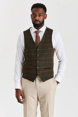 Abito beige Belmont con gilet in tweed verde Harris