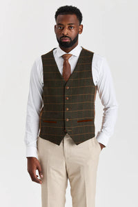 Abito beige Belmont con gilet in tweed verde Harris