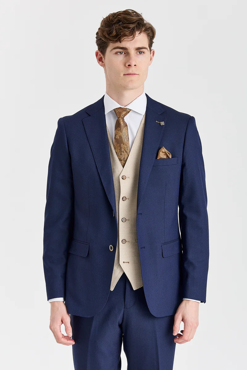 Abito blu navy Belmont con gilet beige a contrasto Belmont
