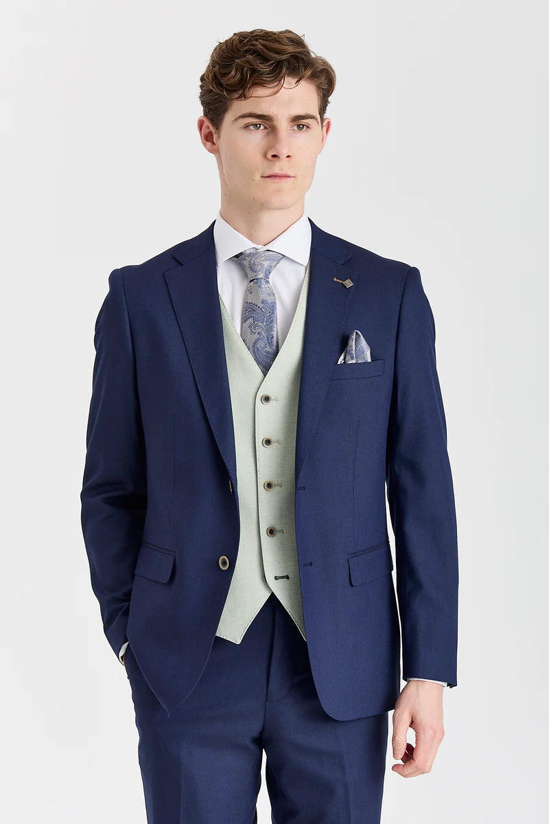 Abito blu navy Belmont con gilet a contrasto color salvia Belmont.