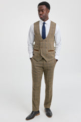 Abito da uomo a 3 pezzi in tweed a spina di pesce marrone chiaro a quadri, vestibilità su misura, classico doppio