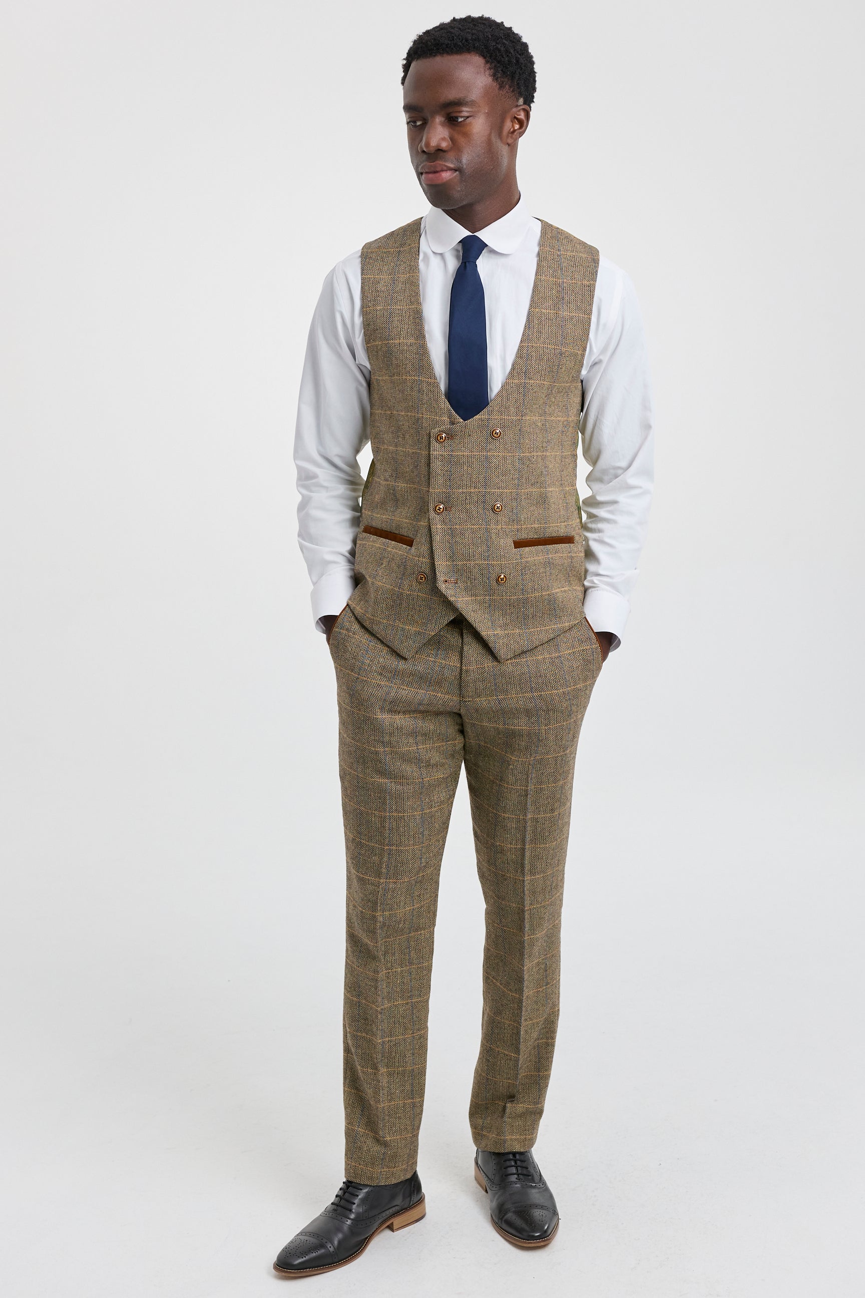 Abito da uomo a 3 pezzi in tweed a spina di pesce marrone chiaro a quadri, vestibilità su misura, classico doppio