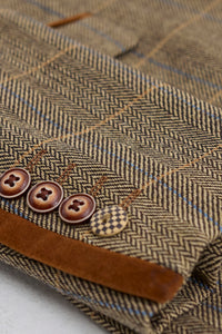 Abito da uomo a 3 pezzi in tweed a spina di pesce marrone chiaro a quadri, vestibilità su misura, classico doppio