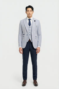 Abito da uomo a 3 pezzi con motivo a quadri blu cielo e pantaloni blu navy a contrasto