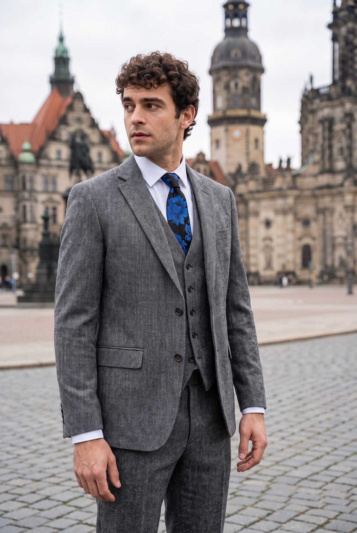 Look #974 styled with IM41 - Abito da uomo a tre pezzi in tweed grigio a spina di pesce