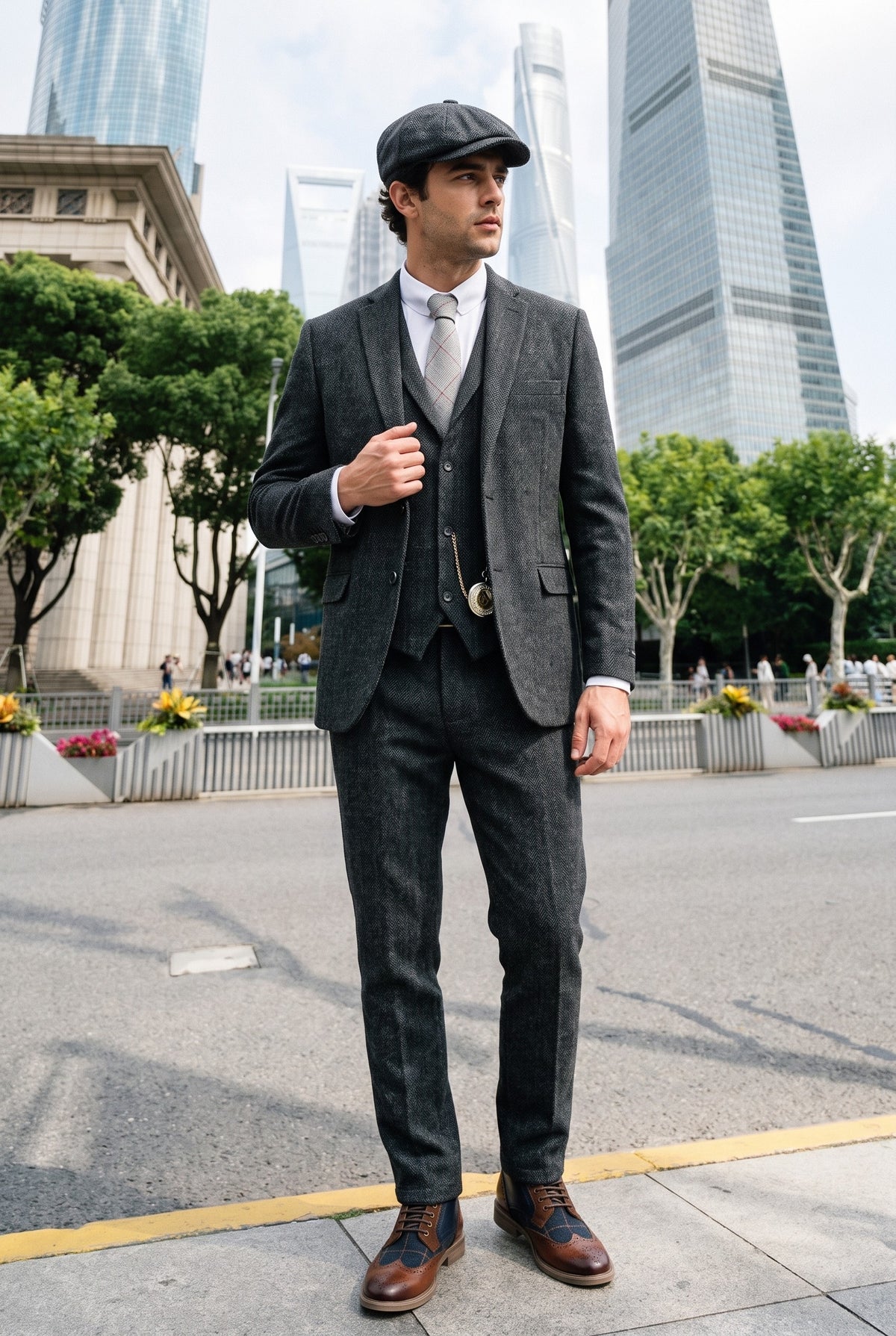 Look #882 styled with Abito da uomo in tweed a spina di pesce grigio antracite, 3 pezzi - STZ11