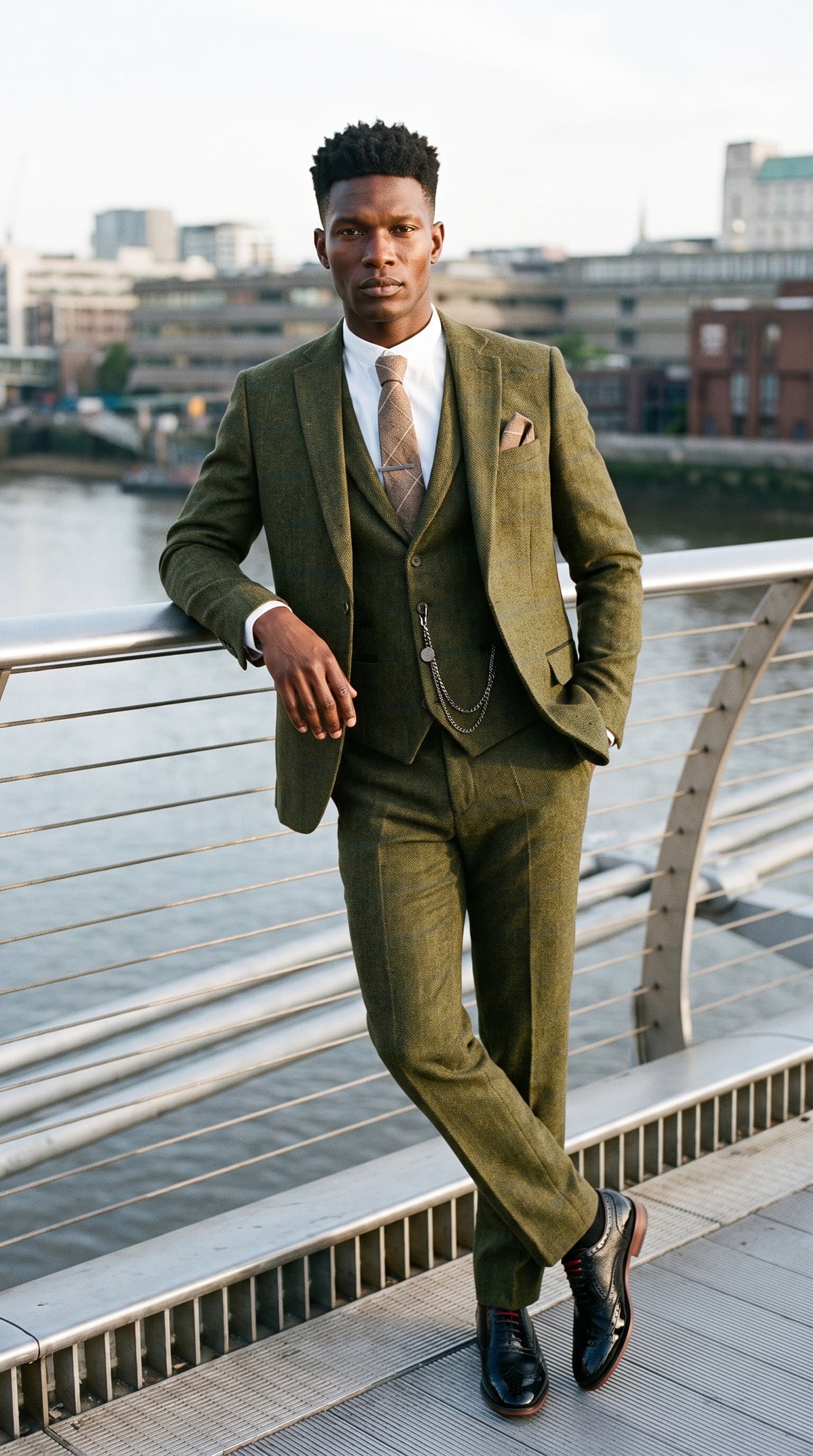 Look #715 styled with Abito da uomo 3 pezzi in tweed di lana verde blu marrone a quadri stile Gatsby anni '20