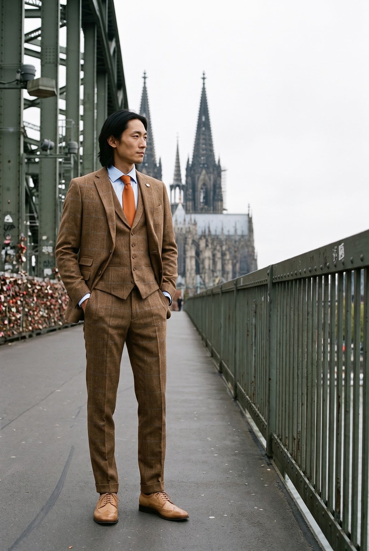 Look #982 styled with Abito da uomo 3 pezzi in tweed di lana a spina di pesce marrone chiaro e blu a quadri stile Gatsby anni '20