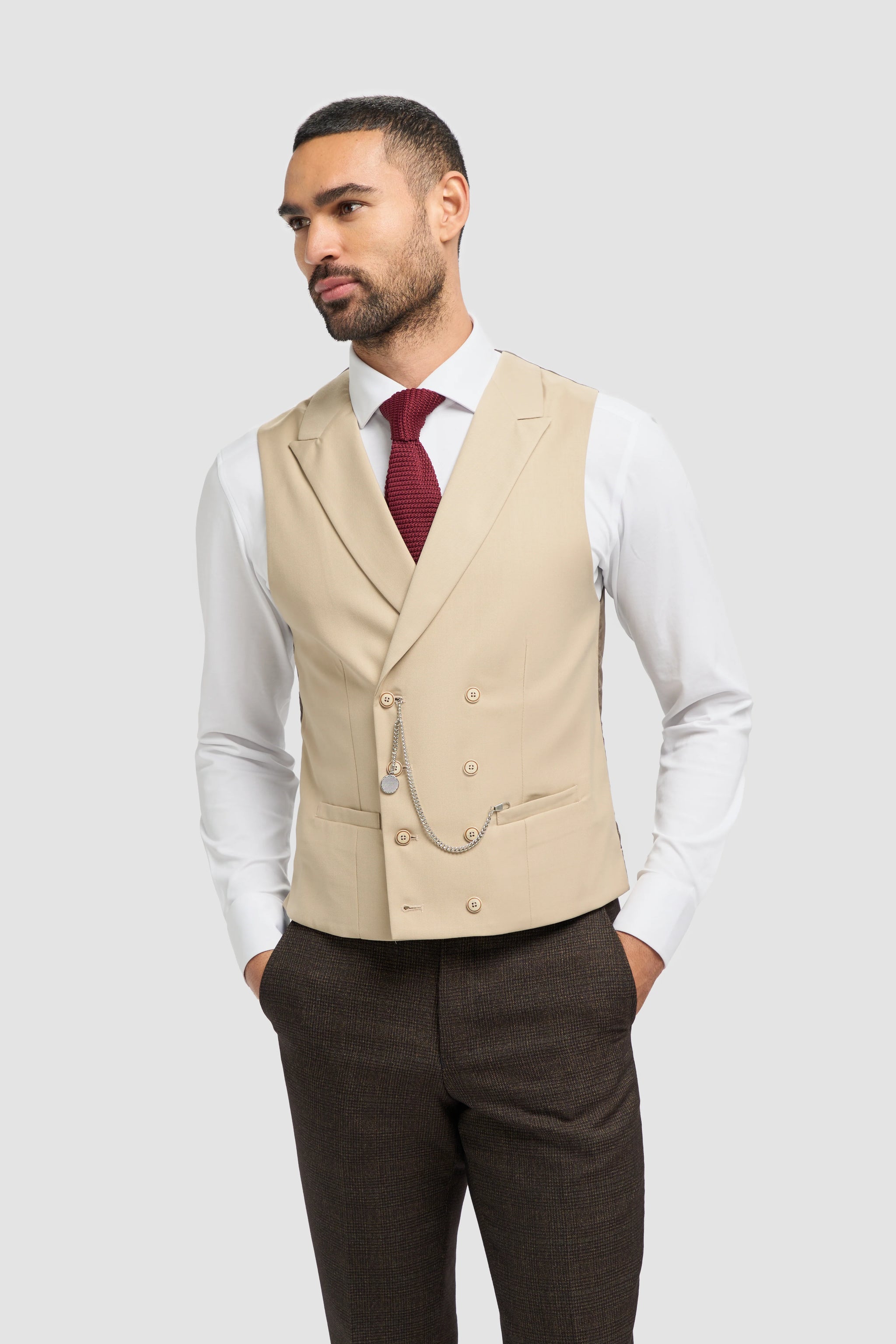Abito da uomo a 3 pezzi in tweed marrone a quadri | Gilet doppiopetto color crema