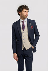 Abito da uomo a 3 pezzi blu navy a quadri con gilet color crema a contrasto