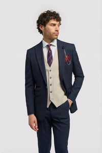 Abito da uomo a 3 pezzi blu navy a quadri con gilet color crema a contrasto