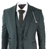 Mens 3 Piece Check Suit Tweed Olive Green Tailored Fit Wedding Peaky Classic