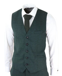 Mens 3 Piece Check Suit Tweed Olive Green Tailored Fit Wedding Peaky Classic