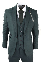 Mens 3 Piece Check Suit Tweed Olive Green Tailored Fit Wedding Peaky Classic