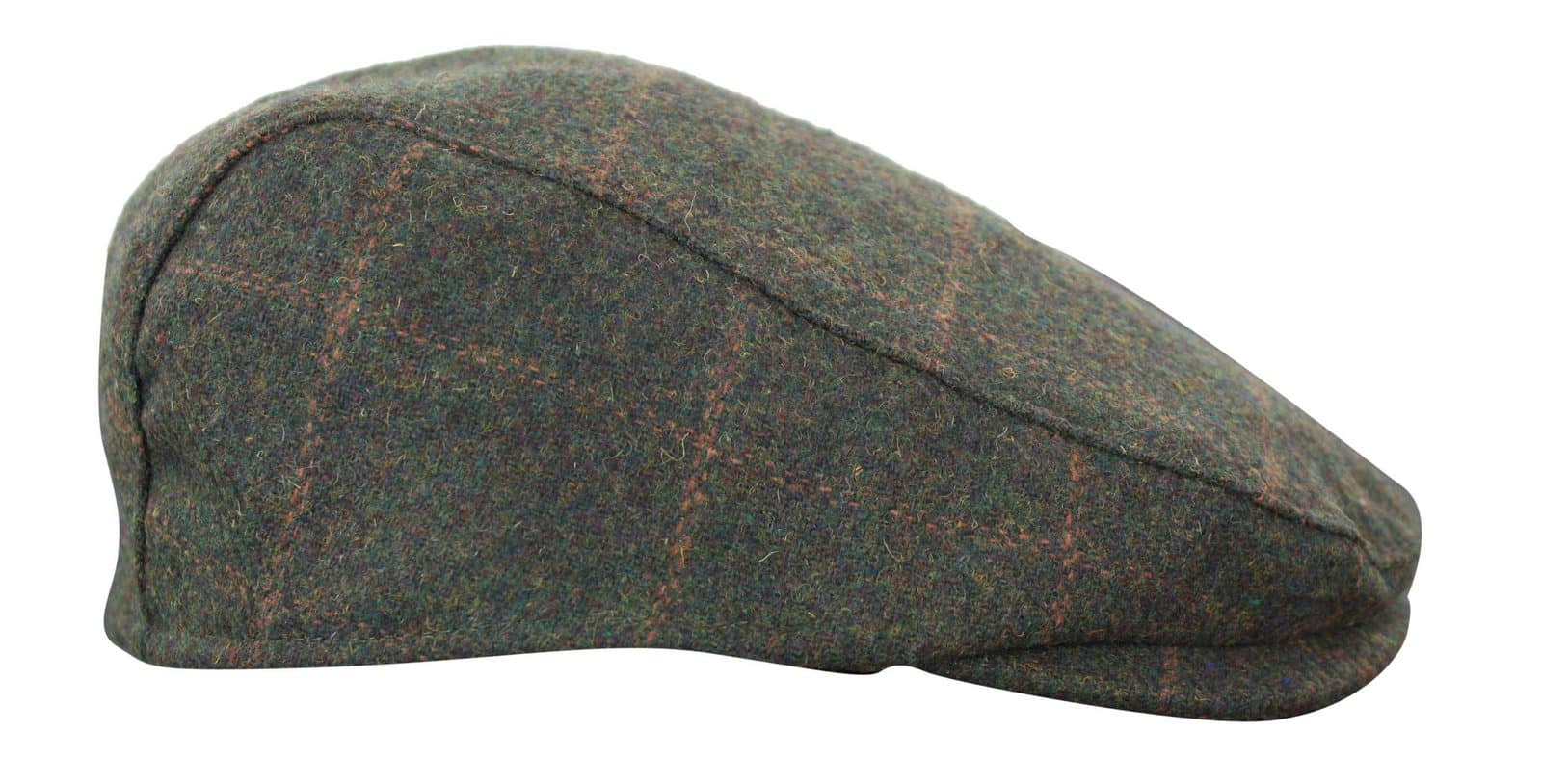 Cavani Kempson Flat Cap - Mens Tweed Wool Check Grandad Hat Vintage - Olive Green/Navy Blue