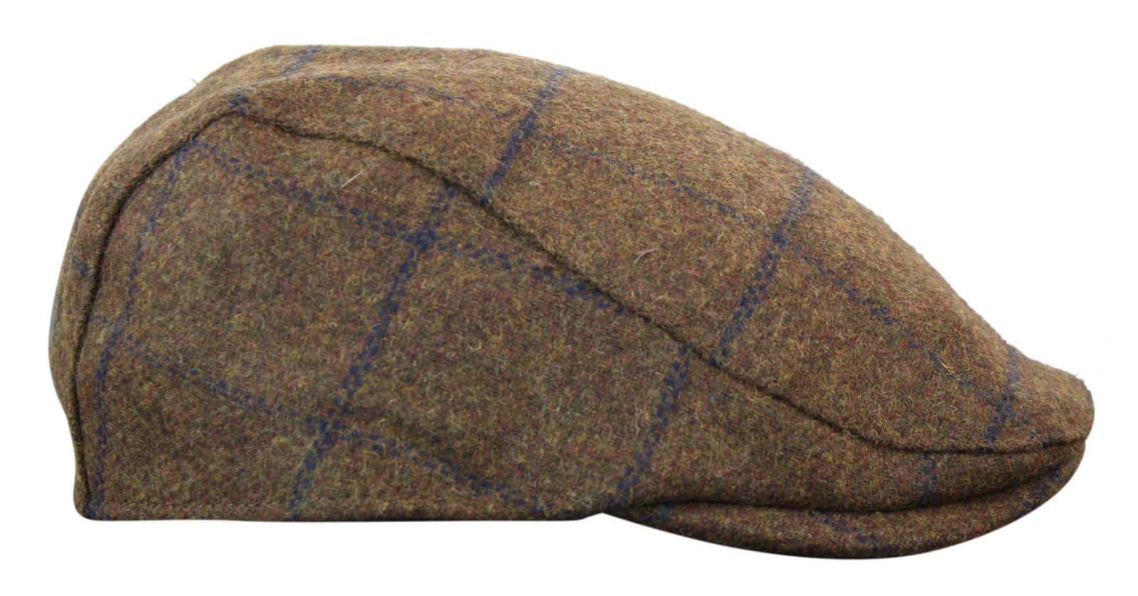 Cavani Kempson Flat Cap - Mens Tweed Wool Check Grandad Hat Vintage - Olive Green/Navy Blue