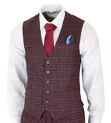 Cavani Carly - Men's 3 Piece Tweed Check Burgundy Suit