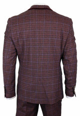 Cavani Carly - Men's 3 Piece Tweed Check Burgundy Suit