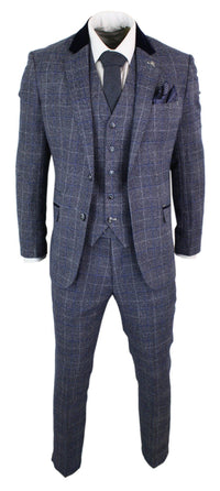 Cavani Miles - Mens Blue Navy 3 Piece Tweed Suit Herringbone Vintage Peaky Blinders 1920's Retro