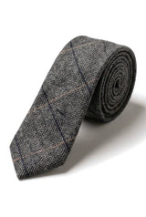 Cravatta in tweed a quadri grigio antracite con fazzoletto e fermacravatta - Grigio antracite
