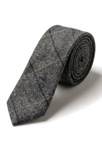 Cravatta in tweed a quadri grigio antracite con fazzoletto e fermacravatta - Grigio antracite