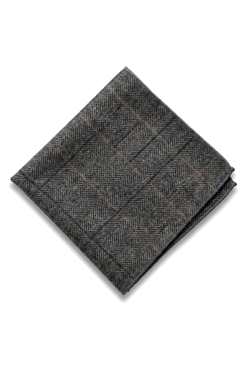 Cravatta in tweed a quadri grigio antracite con fazzoletto e fermacravatta - Grigio antracite