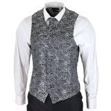 Men's Black 3-Piece Wedding Suit with Silver Cravat and Embellished Waistcoat