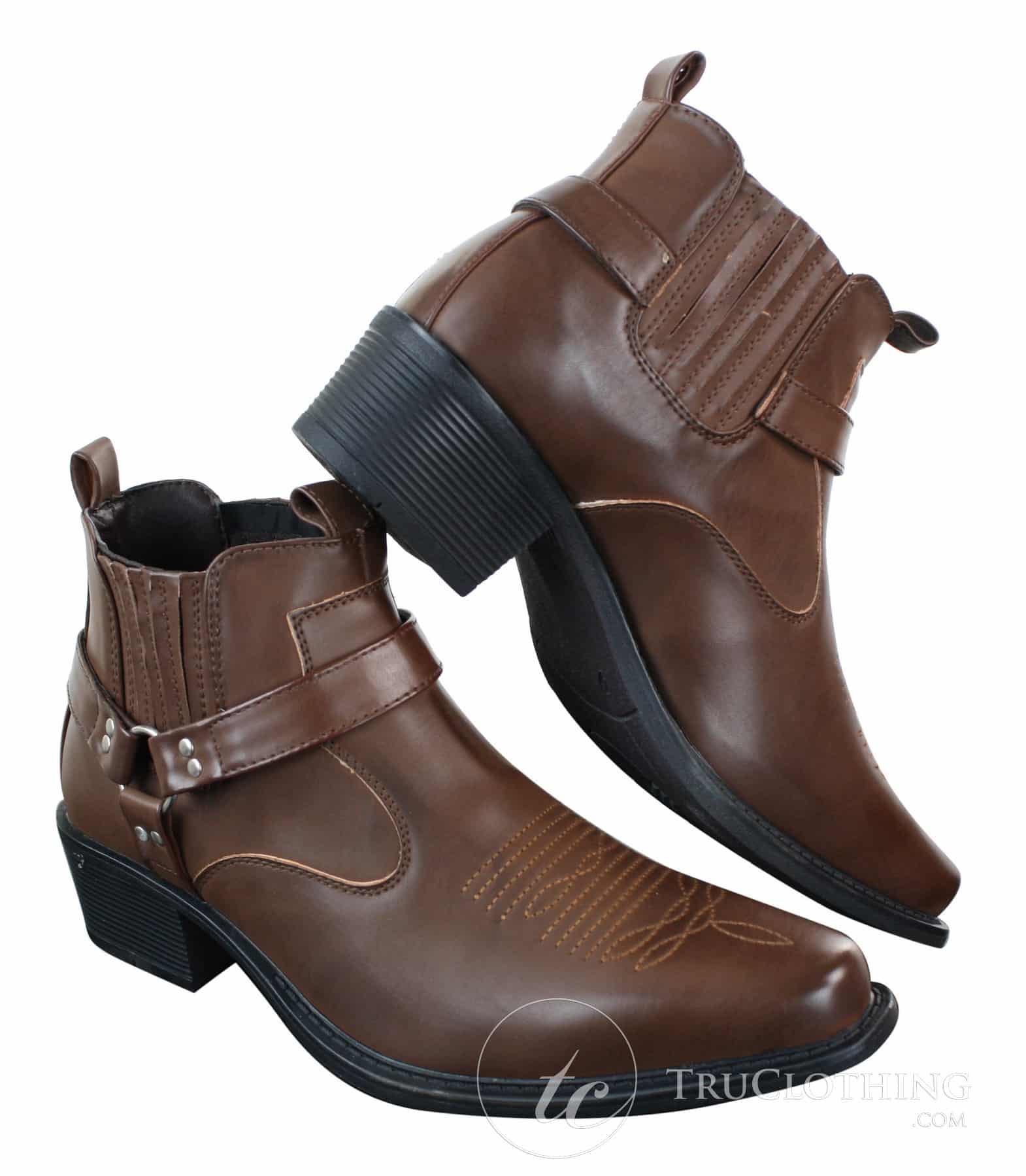 CLASSIQUE MBO 3136 Mens Tan Brown Black Ankle Boots Leather Slip On Cowboy Western Riding Buckle