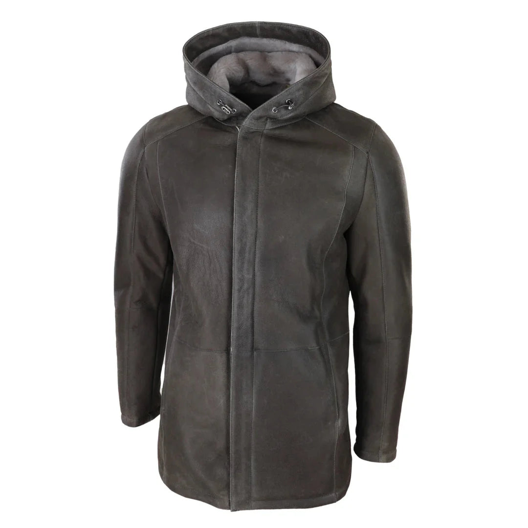 Men's 3/4 Brown Soft Sheepskin Hood Jacket 3/4 Coat Classic Warm Winter