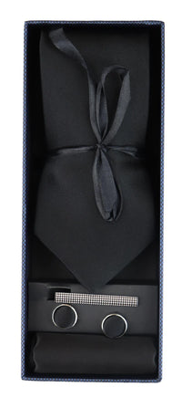 Satin Silk Black Tie Gift Set Pocket Square Cuff Links Tie Shiny Satin
