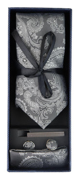 Paisley Neck Grey Tie Gift Set Pocket Square Cuff Links Tie Floral Satin