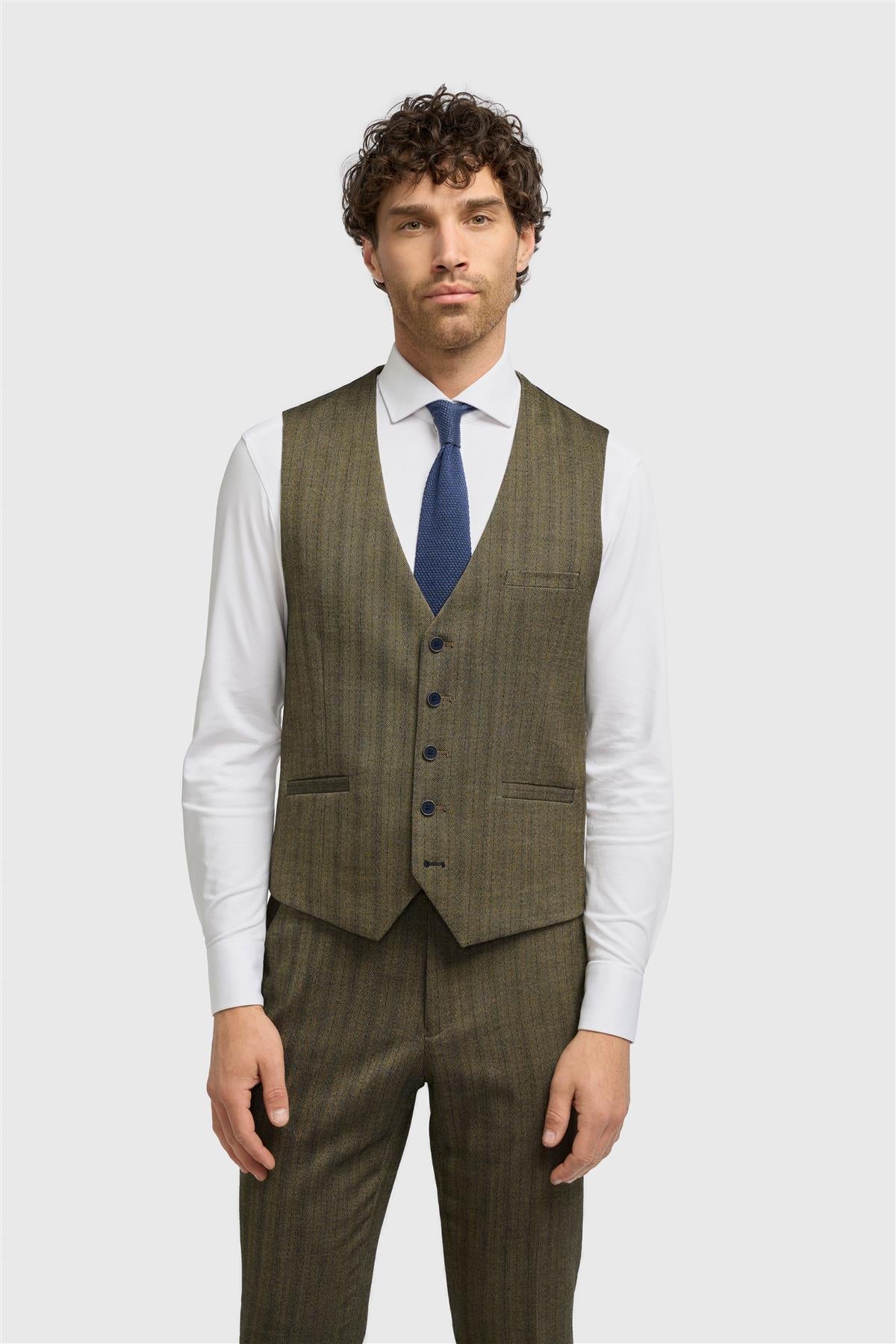Damon - Gilet da uomo in tweed a spina di pesce verde oliva