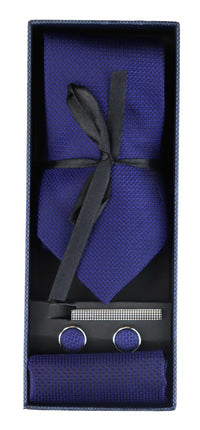 Satin Silk Textured Blue Tie Gift Set Pocket Square Cuff Links Tie Matt Satin