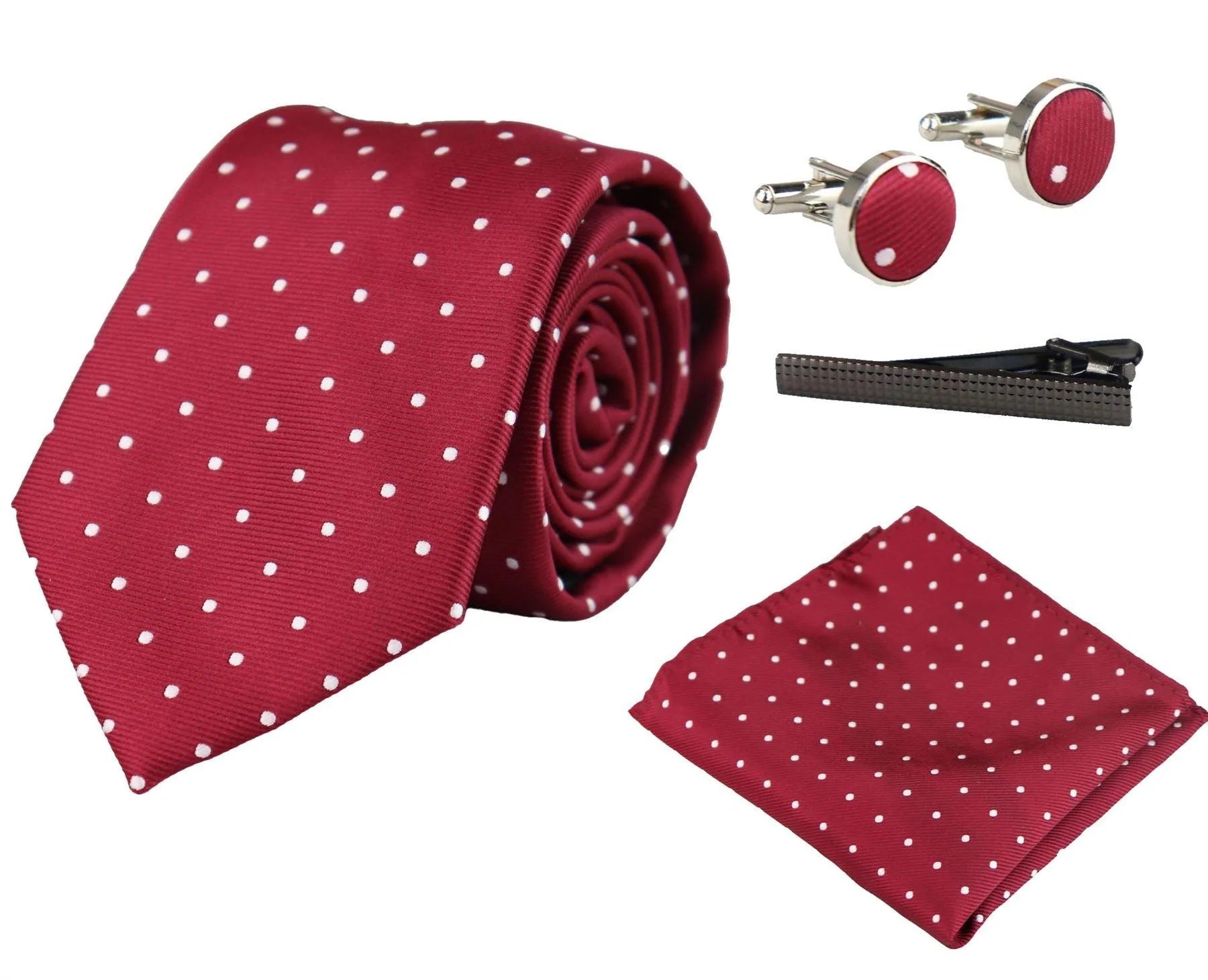 Dotted Wine Neck Tie Gift Set Pocket Square Cuff Links Tie Pin Polka Dot Satin