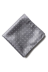 Set regalo cravatta in argento punteggiato, fazzoletto da taschino, gemelli, spilla da cravatta in raso a pois