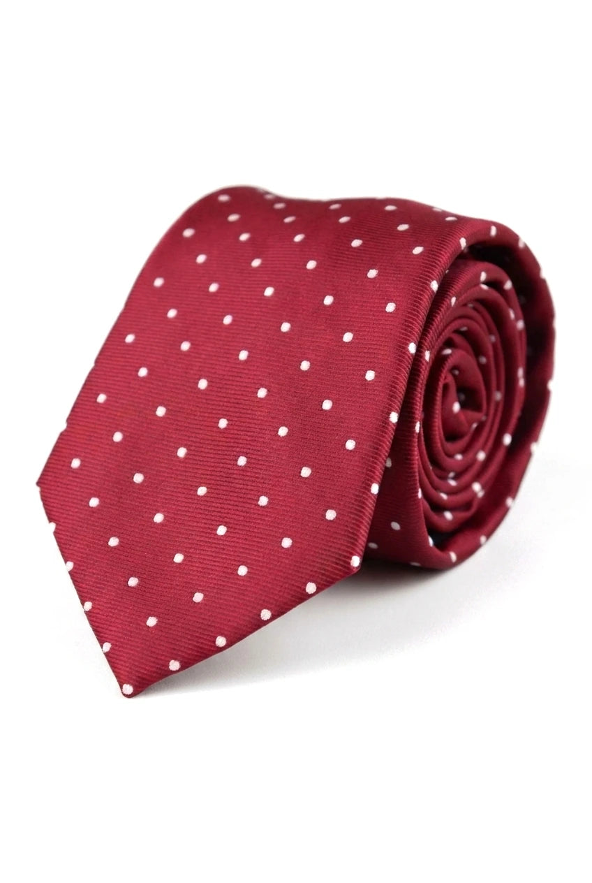 Set regalo cravatta a pois color vino, fazzoletto da taschino, gemelli, spilla da cravatta, raso a pois
